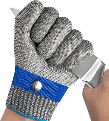 A hand wearing a cut-resistant glove is holding a knife.