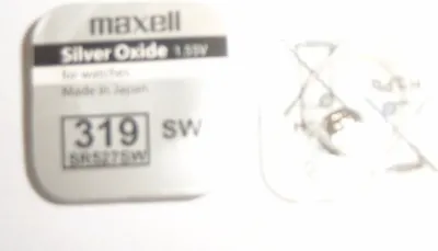A product shot of a Maxell 319 SR527SW battery packaging and a single battery.
