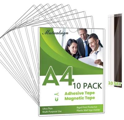 Productafbeelding van Wandbordhouder A4, set van 10, magnetische printbeschermer, zelfklevende tape, voor kantoor