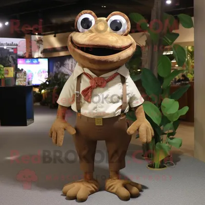 Produktbild von Brauner REDBROKOLY Frosch Maskottchen Kostüm charakter bekleidet mit einem Oxford-Hemd und Schuhclips