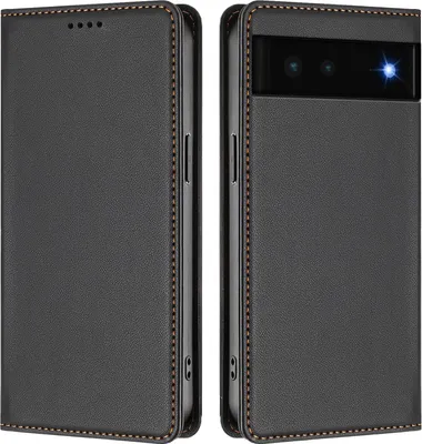 Image de Etui en cuir pour Google Pixel 6, étui magnétique en cuirPolyuréthaneavec support Noir