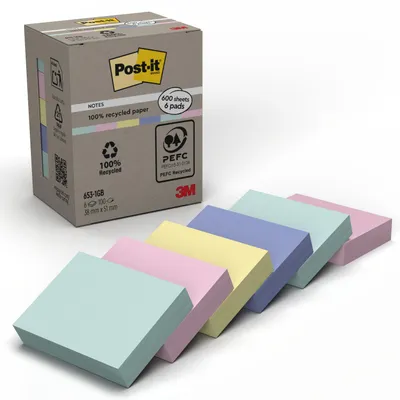 Produktbild von Post-it® Recycling Notes Farbenmix Haftnotizen 38x51mm 6 Blöcke 100 Blatt