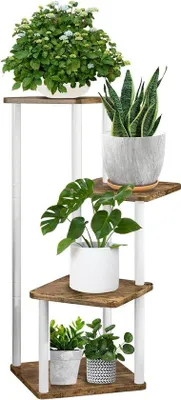 Immagine prodotto di Portavasi in metallo per interni - per più piante - vassoio quadrato per fiori per terrazza, giardino, soggiorno, balcone e camera da letto - bianco (4 ripiani)