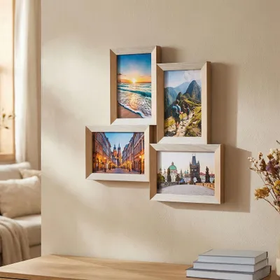 Produktbild von Bilderrahmen Collage 4 Fotos 10x15 Natur Weiß MDF Holz Fotorahmen Deko Galerie Wohndeko Wanddeko Collagerahmen