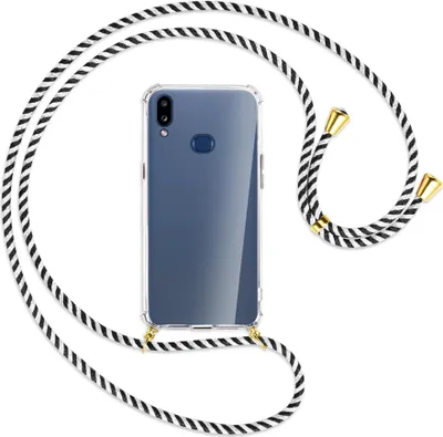 Produktbild von Handykette Backcover-Schutzhülle mit Band (Metall goldfarben) für Samsung Galaxy A10s - schwarz/weiß gestreift