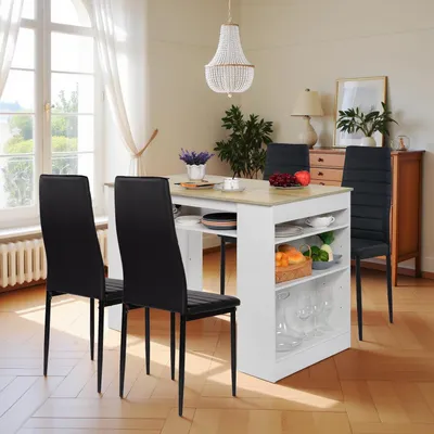 Image de Table de salle à manger avec 4 chaises, ensemble repas de 111 cm de haut, blanc et chêne, avec prises USB et 4 étagères