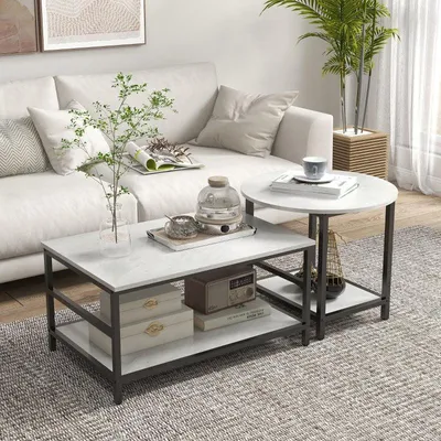 Zdjęcie produktu dla Zestaw dwóch stolików kawowych – imitacja marmuru | Kolor: biały | Wymiary: 54x80x41 / 60x60x51 cm