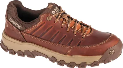 A single brown Caterpillar shoe is shown against a white background.