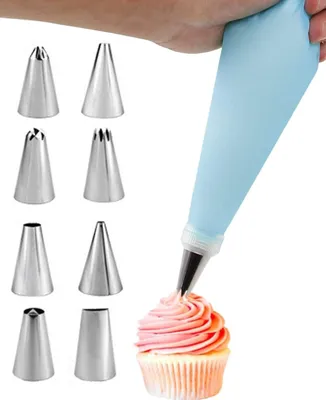 Produktbild von 8 Stücke Spritztüllen Set mit Silikon Spritzbeutel, Edelstahl Spritztüllen Tüllen für Kuchen Torten, Keksen Cupcake, Plätzchen Dekoration.
