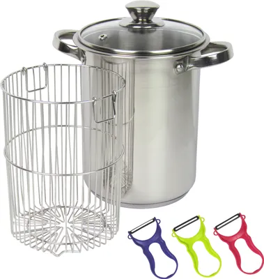 Produktbild von Edelstahl Spargeltopf mit Siebeinsatz und Glasdeckel Fassungsvermögen 3,9ltr. Für alle Herdarten und Induktion inkl. einem gratis Spargelschäler