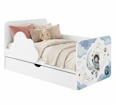 Produktbild von Spielbett & Juniorbett 140x70cm Weiß | Inklusive Matratze und Stauraum | Sicheres Kleinkindbett Wolke, bunter Aufkleber, Kosmos