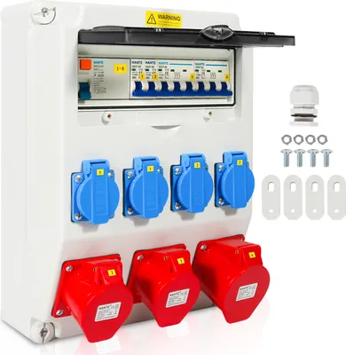 Produktbild von Stromverteiler Baustromverteiler Verteiler Wandverteiler CEE Kraftstrom Steckdose IP44 für Baustelle 1X32A 2X16A 4x230V MIT LS+FI