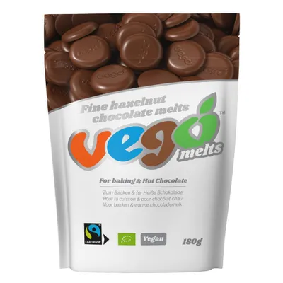 A bag of Vego Melts fine hazelnut chocolate drops.