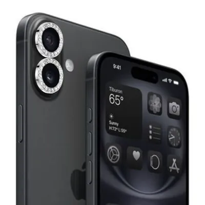 Two iPhones are shown, one with a close-up of its camera lenses adorned with sparkling rings, and another displaying its screen with various app icons.
