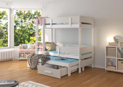Obrázek produktu pro Dětská patrová postel pro tři s matracemi 90x200 GADORA - bílá / šedá