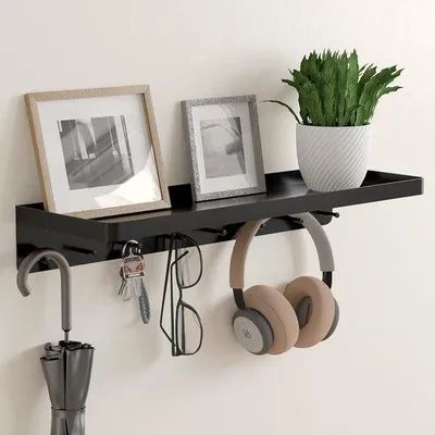 Productafbeelding van Unyqoos® sleutelhouder met opbergruimte – zwart metaal (roestvrij staal), sleutelbord voor aan de muur met haken, geschikt voor hal en entree, stabiele montage tot 50 kg