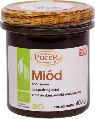 Zdjęcie produktu dla MIÓD SPADZIOWY ZE SPADZI IGLASTEJ400 g - PASIEKA PUCER