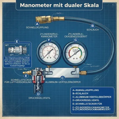 Obrázok produktu pre Tester tesnosti valcov TU-21 0-100 PSI, dvojitý manometer, pre auto
