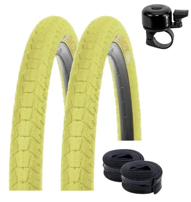 Zdjęcie produktu dla 2 opony BMX Kenda K-907 Krackpot, rozmiar 20 x 1,95 (50-406), kolor żółty + 2 odpowiednie dętki DV + dzwonek rowerowy