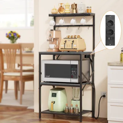 Immagine prodotto di Scaffale da cucina AIORBER con presa elettrica, 4 ripiani, porta microonde con ganci, regolabile in altezza, scaffale da bar per caffè, indipendente, metallo e legno, grigio