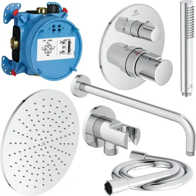 Produktbild von Ideal Standard Armaturen-Paket Ceratherm T100 A7573AA Chrom (Enthält Brausehalter, Stick-Handbrause, Kopfbrauseanschluss, Ceratherm C100 Badethermostat Unterputz,  Kopfbrause 300x300mm, Brauseschlauch 1750mm, EASY-Box Unterputzkörper)