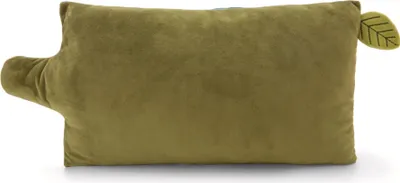 A green pillow shaped like a log with a leaf detail.