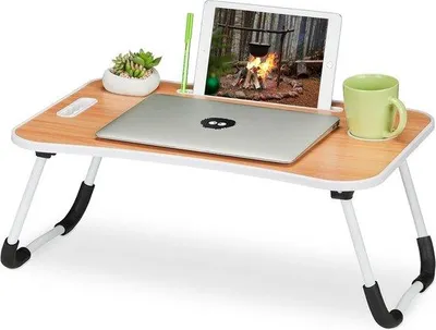 Produktbild von Famanu Laptop-Tisch für Bett und Sofa - 26 x 63 x 40 cm - Tisch mit Tablethalter - Hellbraun und Weiß