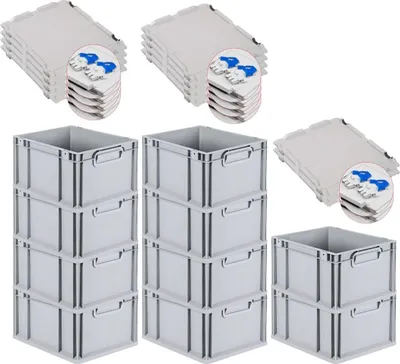 Produktbild von SuperSparSet 10x Eurobox NextGen Grip mit Scharnierdeckel und blauen Schiebeschnappverschlüssen | HxBxT 22x30x40cm | 20 Liter | Grau | Griffe geschlossen | Glatter Boden | Eurobehälter, Transportbox, Transportbehälter, Stapelbehälter