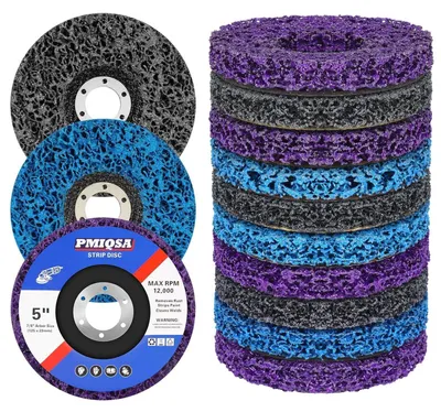 Productafbeelding van CSD Schijven, 10 stuks, 125mm. Reinigingsschijven voor het verwijderen van roest en verf, geschikt voor metaal, beton en steen. Inhoud: 4 paars, 3 blauw, 3 zwart