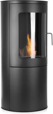 A black ethanol fireplace with a glass window showing flames.