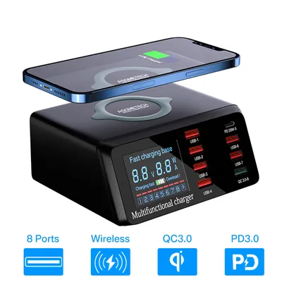 Produktbild von 100W Multifunktions-USB-Ladegerät Hub PD Quick Charge 3.0 Qi Wireless Charger 8 USB Ports Schnell-Ladestation iPhone Samsung Huawei