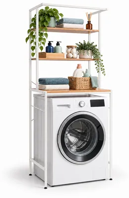 Immagine prodotto di Ripiano portaoggetti Relaxdays, con 3 scomparti, da posizionare sopra lavatrice, asciugatrice o WC, dimensioni: 161 x 66 x 40 cm, colore: naturale/bianco, Immagine generata dall'IA