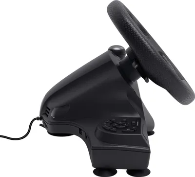 A black racing wheel and base on a white background.