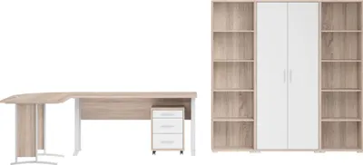 Produktbild von Büromöbel-Set OFFICE LINE 7-tlg. In Eiche Sonoma / weiß, Winkelschreibtisch + Rollcontainer + Aktenschrank