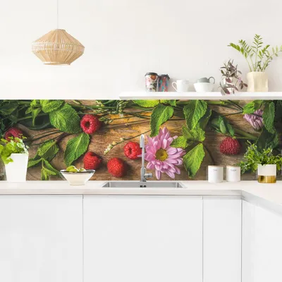Produktbild von Küchenrückwand Blumen selbstklebend - 0.35 mm Wandpaneel wasserfest Obst grün Holzoptik Motiv Spritzschutz fugenlos