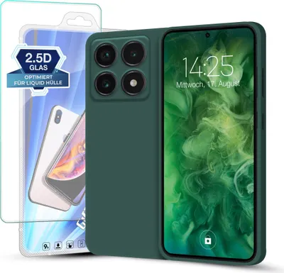 Produktbild von Hülle für Xiaomi 14T Pro mit 9H Displayglas Displayschutz Plus Case Cover Bumper Silikon Softgrip Schutzhülle Farbe: Grün