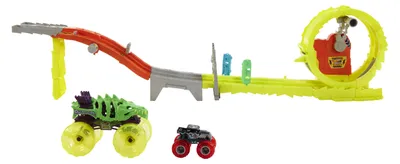 Produktbild von Hot Wheels Monster Trucks Power Smashers Race & Chase Challenge mit extragroßem Skelesaurus, Bone Shaker im Maßstab 1:64 und 2 zerdrückten Autos, Monstertruck- & Schienen-Set, 4 Jahr(e), Kunststoff, Metall, Mehrfarbig