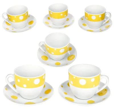 Obrázek produktu pro Pula žluté tečky šálky na kávu s podšálky pro 6 osob porcelánové čajové tečkované
