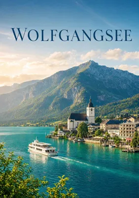 Produktbild von Wolfgangsee Poster DIN A2 – fotoreal wirkendes Seemotiv mit Alpenpanorama, matt auf Ilford Papier gedruckt