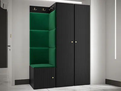 Produktbild von MIRJAN24 Garderoben-Set Orion Ryfel Slim XXIII, Kleiderschrank, Schuhschrank, Kleiderhakenbrett, 7x Paneel 42x42, 8 Kleiderhaken, Metallgriffe (Farbe: Schwarz, Manila 35)