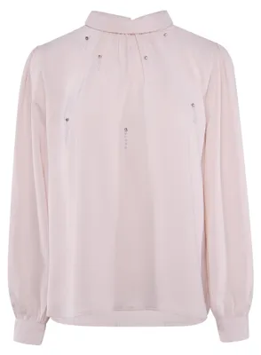 Produktbild von Lila Bluse Größe S mit elegantem Stehkragen, langen Ärmeln und dezenten Verzierungen