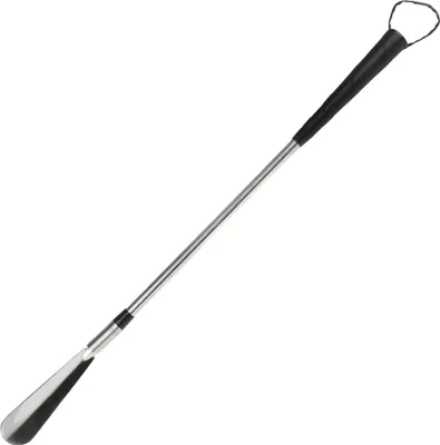 A shoehorn with a long handle and a loop at the end.
