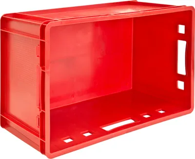 A red plastic crate is shown in a studio setting with a white background.