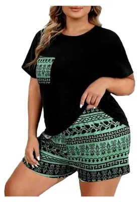 Produktbild von Schlafanzug für Mädchen, Damen-Pyjama-Set, Zweiteiliges Kurz-Nachtwäsche-Set mit Rundhals, Loungewear, Leichtes Kurzarm-Shirt und Kurze Hosen, Gedrucktes Negligé 2024