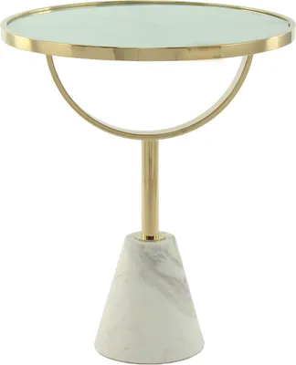 A side view of a small, modern side table with a marble base and a glass top.