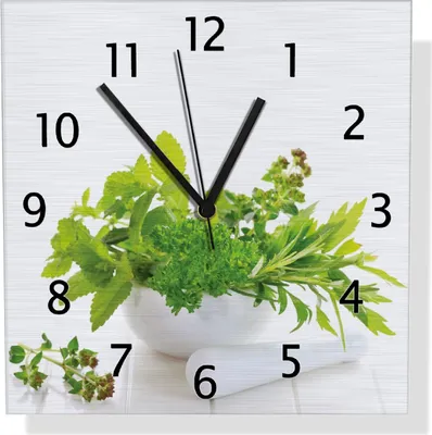 Produktbild von Wallario Design Wanduhr Welt der Kräuter - verschiedene Kräuter in einem weißen Mörser aus Aluverbund, Größe 30 x 30 cm