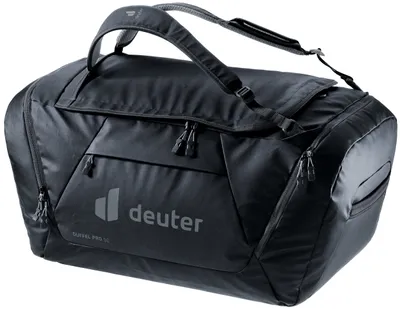 A black Deuter duffel bag is shown against a white background.