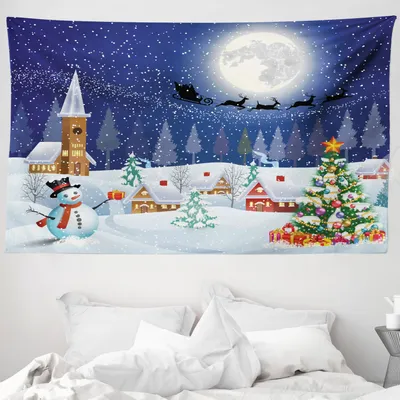 Produktbild von ABAKUHAUS Weihnachten Wandteppich, Winterlandschaft aus Weiches Mikrofaser Stoff Waschbar ohne Verblassen Digitaldruck, 230 x 140 cm, Weiß Blau