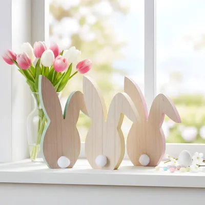 Produktbild von 3er Set Hase H22cm Holz Silhouette Gelb Rosa Grün Osterhase Tischdeko Oster-Deko
