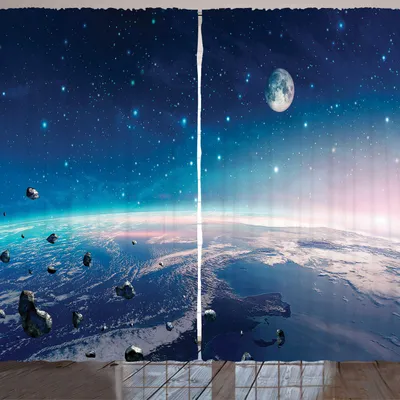 Produktbild von ARANDE Universum Gardine, Horizontale Bild von Nebel mit dem Planeten Erde Mond und Asteroids, 280 x 225 cm, Mehrfarbig
